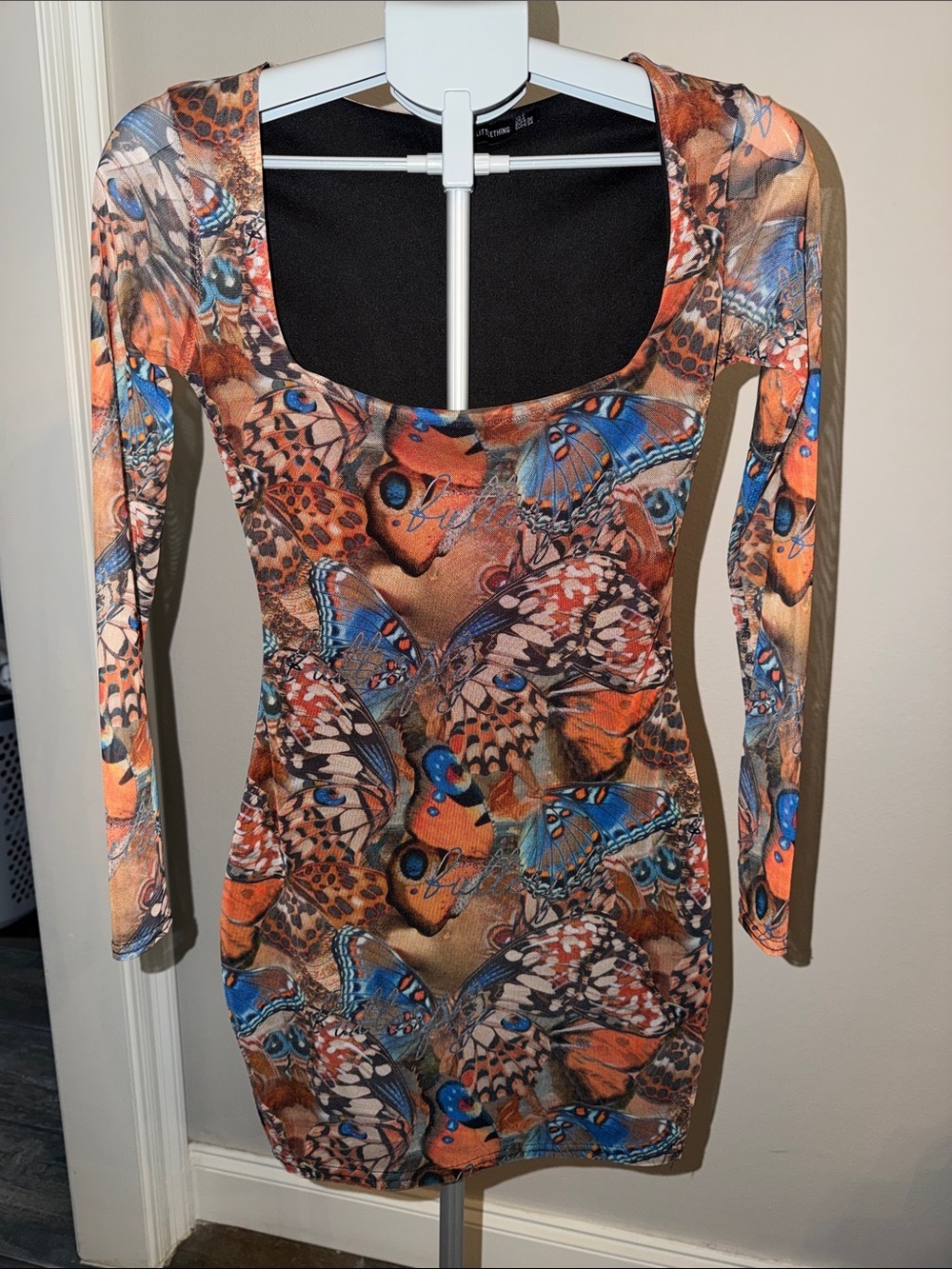 PrettyLittleThing Orange and Blue Butterfly-Print Mini Dress